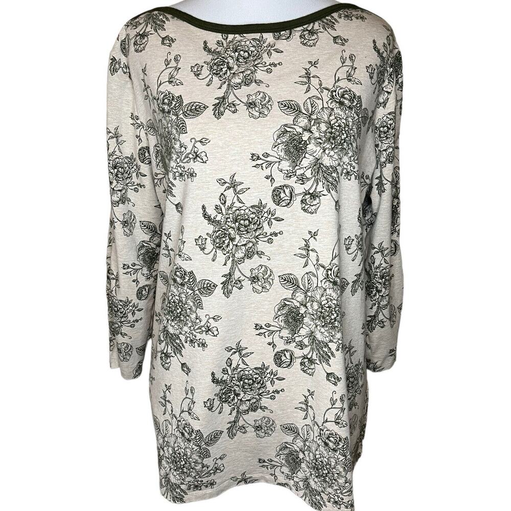 Susan Graver‎ Womens Sz Medium Beige & Green Cotton Blend Knit Shirt 3/4 Sleeve